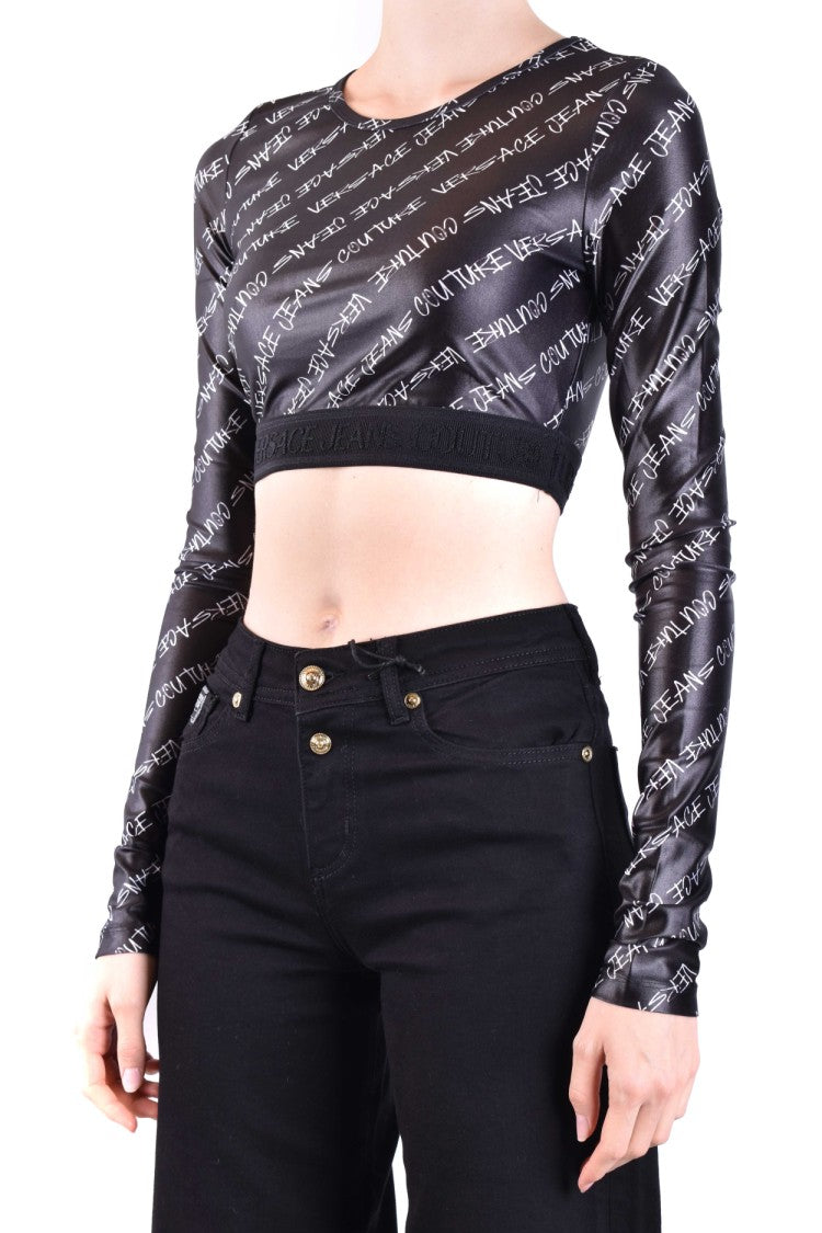 Versace Jeans Couture Long Sleeve Crop Top With Signature Logo Print And Luxurious Fit
