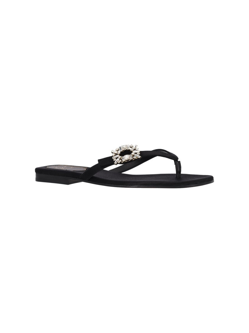 Roger Vivier Black Satin Crystal Slides Sandals