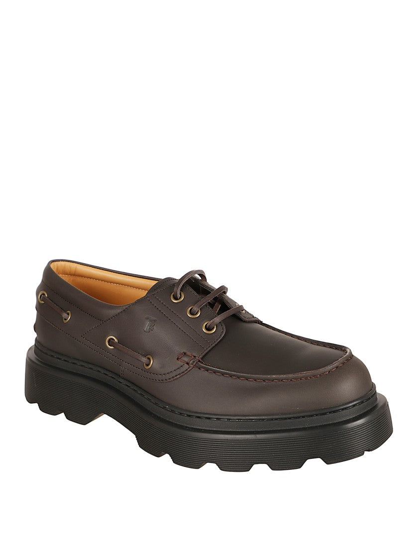 Tod's Brown Calfskin Lace-Up Flat Shoes