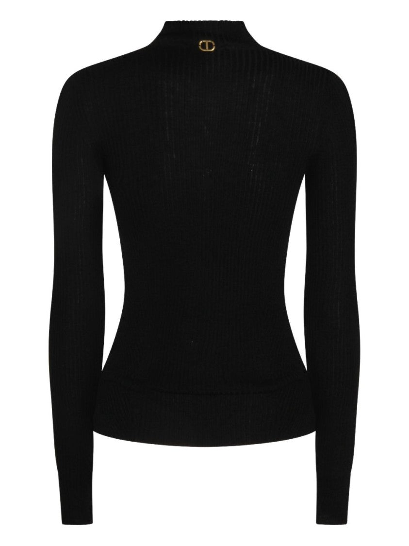 Twin-Set Fitted Ribbed Knit Sweater With High Neckline