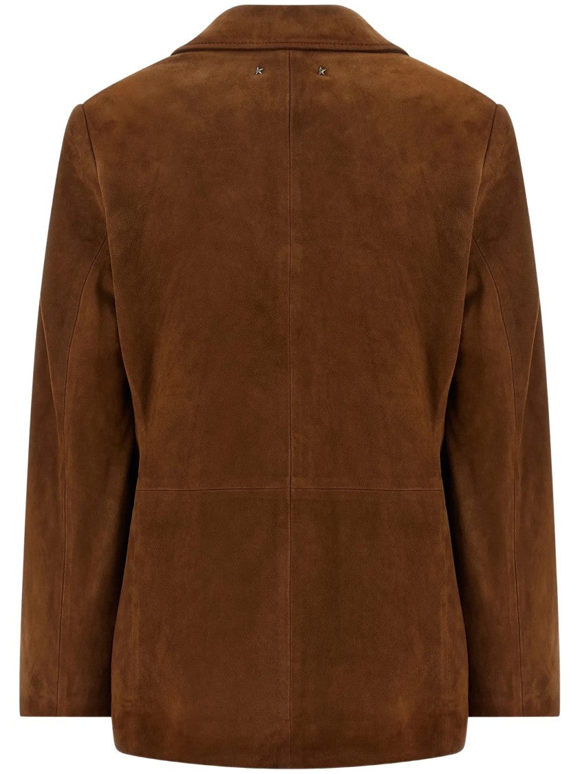 Golden Goose Tailored Brown Waxed Suede Jacket With Floral Lining