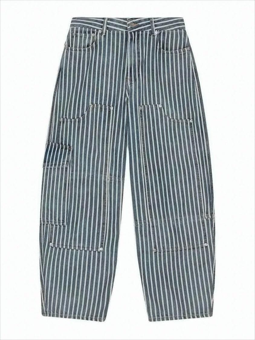 Ganni Vertical Striped Straight-Leg Pants With Cargo Pocket Detail