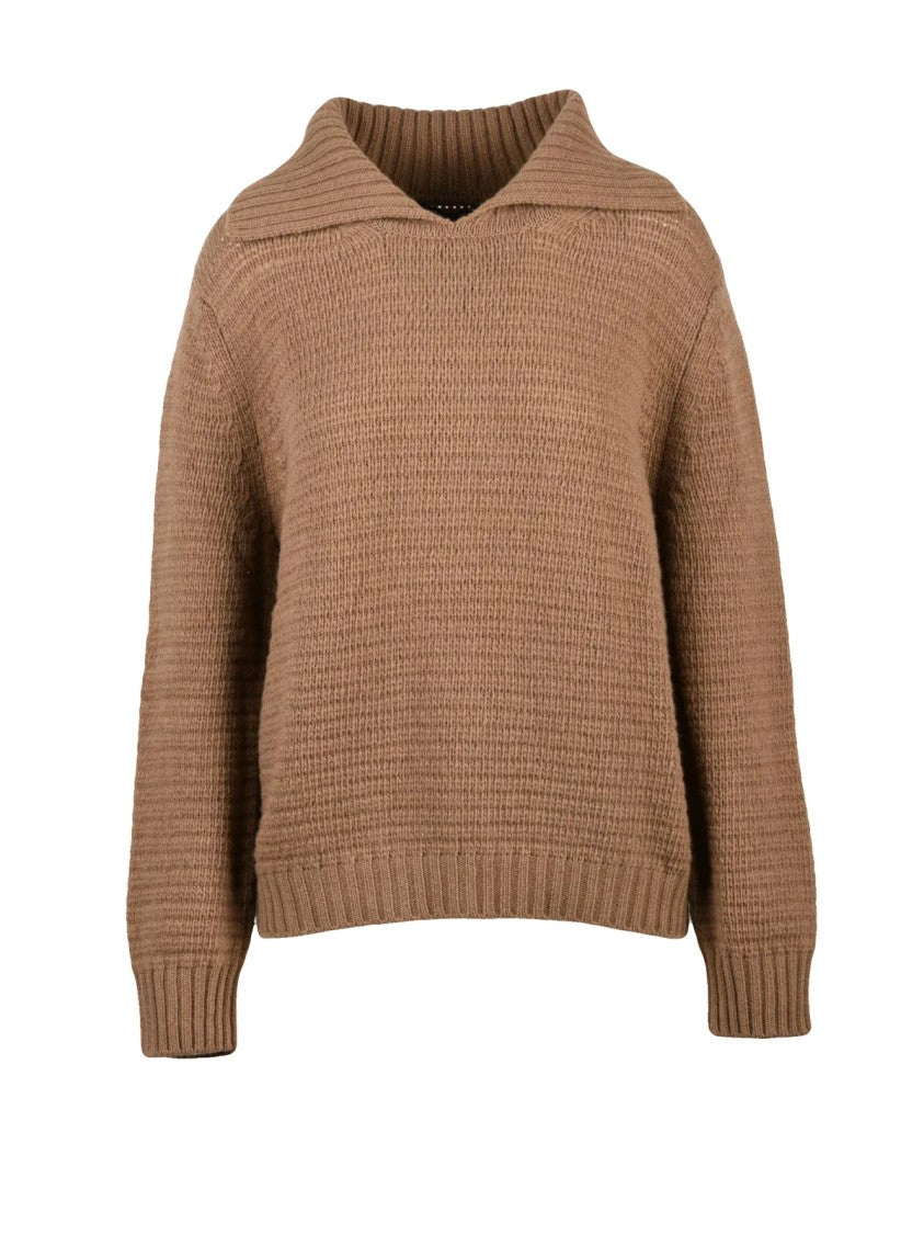 Max Mara Textured Knit Polo Sweater In Warm Brown Virgin Wool