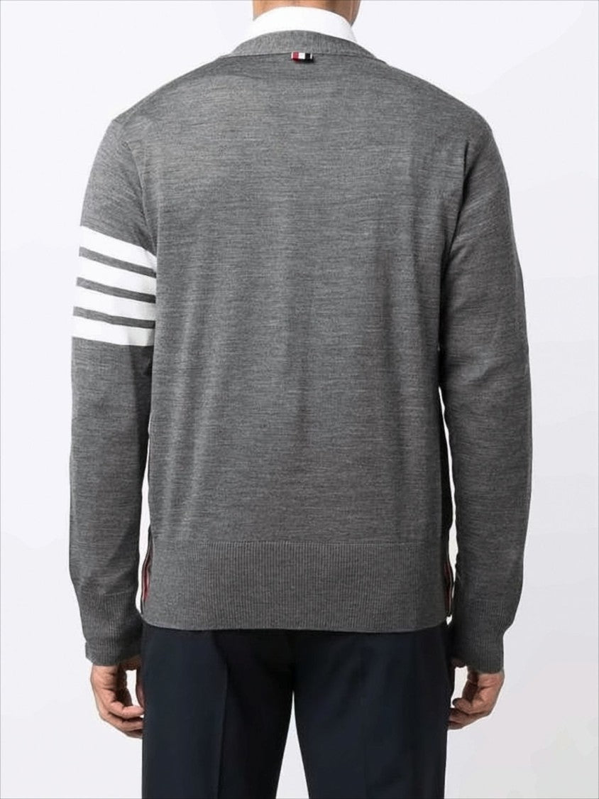 Thom Browne V-Neck Grey Wool Cardigan With Signature Striped Detail