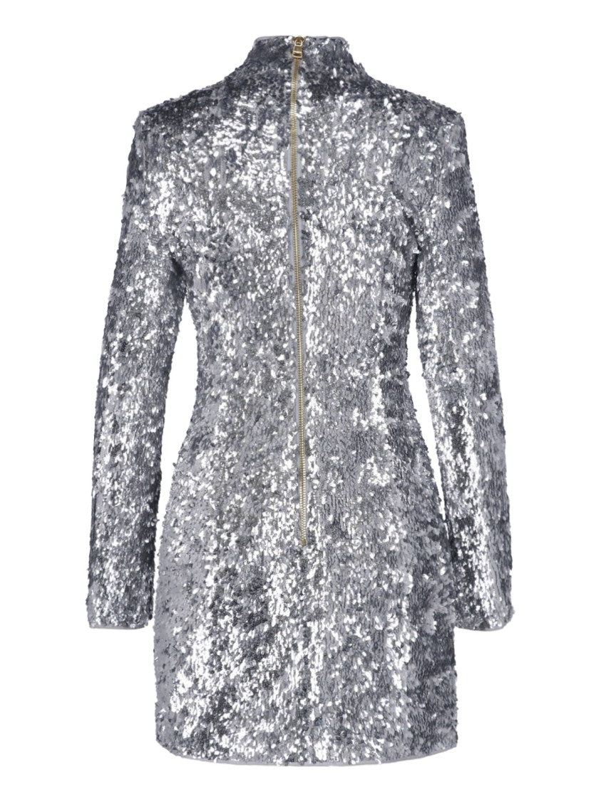 Balmain High Neck Mini Dress Adorned With Silver Sequins