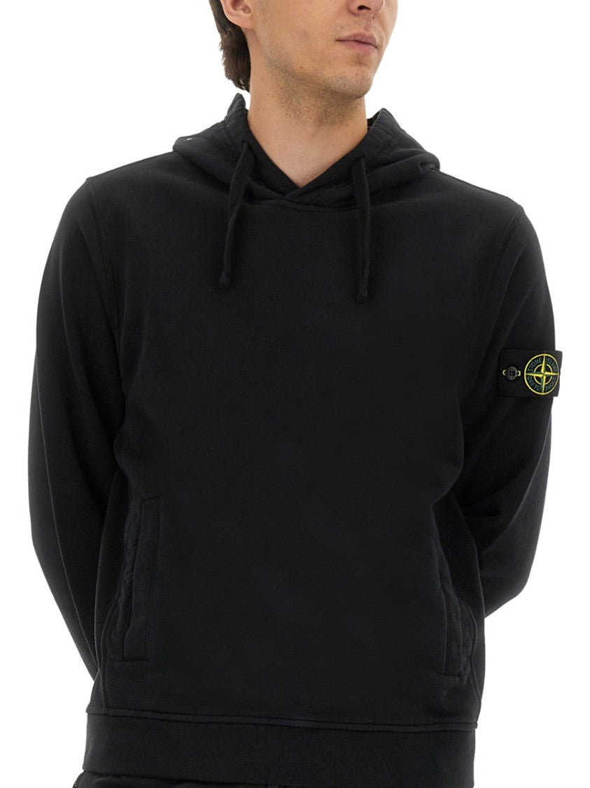 Stone Island Black Cotton Hoodie With Logo Patch