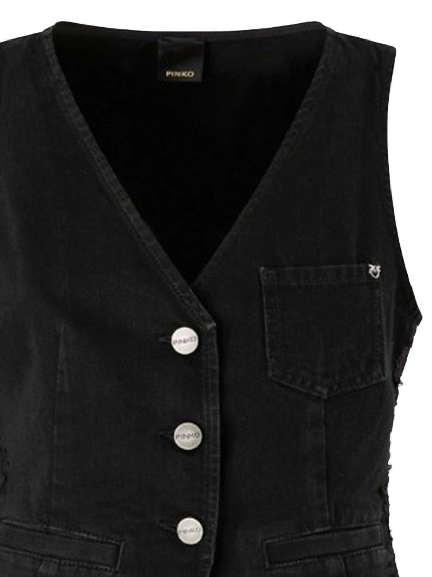 Pinko Black Cotton V-Neck Button Vest