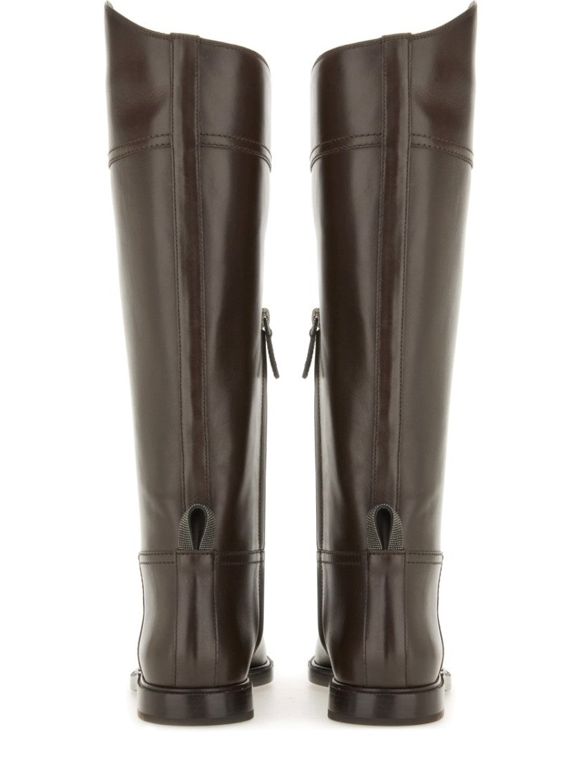 Brunello Cucinelli Polished Brown Leather Boots With Zipper Detail