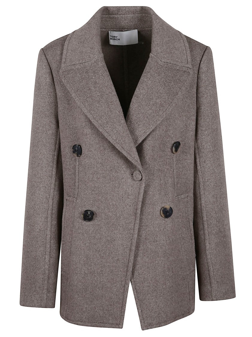 Tory Burch Mocha Double-Face Wool Jacket With Flap Pockets