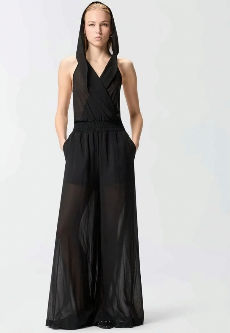 Pinko Camporosso Black Voile Hooded Jumpsuit