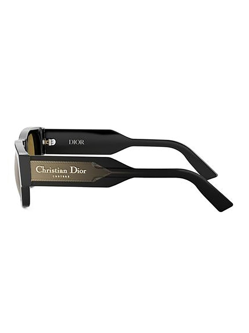 Dior Rectangular Black Frame Sunglasses With Brown Lenses And Gold-Tone Logo