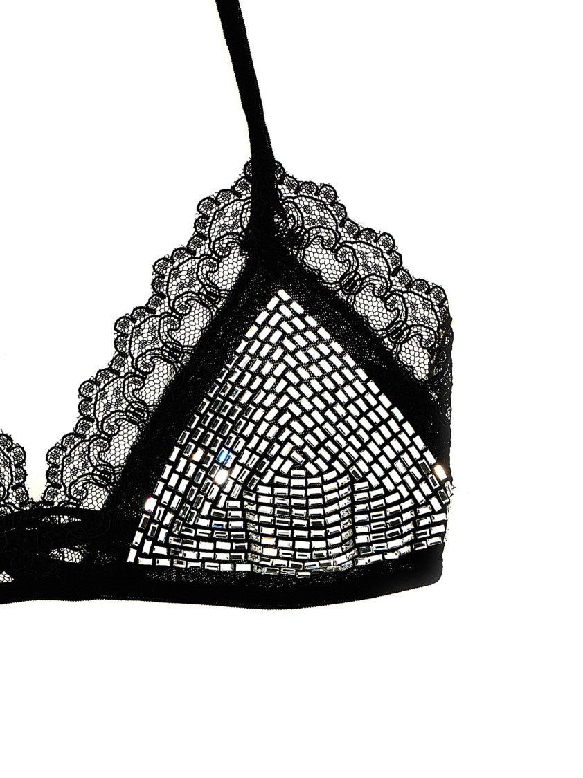 The Attico Black Mesh Bra With Rhinestone
