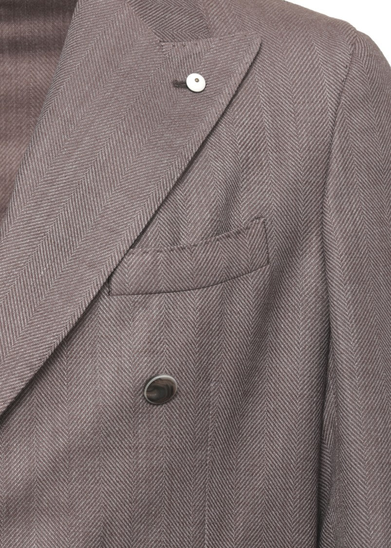Lubiam Brown Herringbone Double-Breasted Wool Blazer