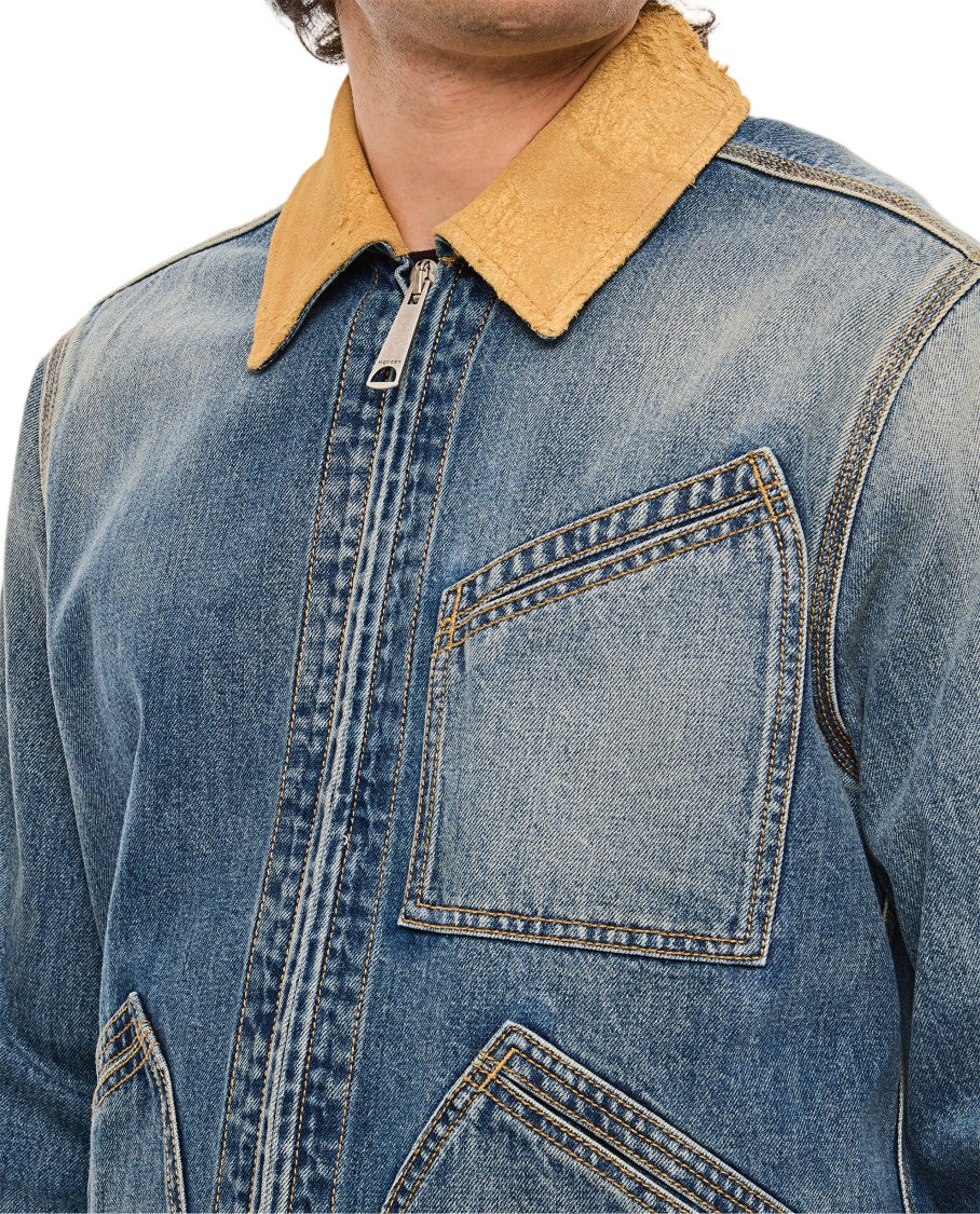 Alexander Mcqueen Denim Workwear Jacket With Distinctive Tan Collar And Multiple Pockets