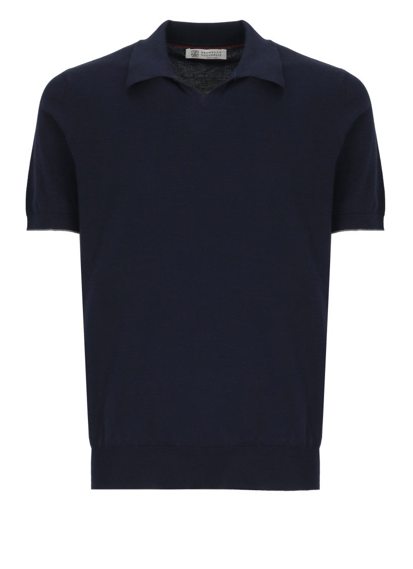 Brunello Cucinelli Fitted Dark Blue Cotton Polo Shirt