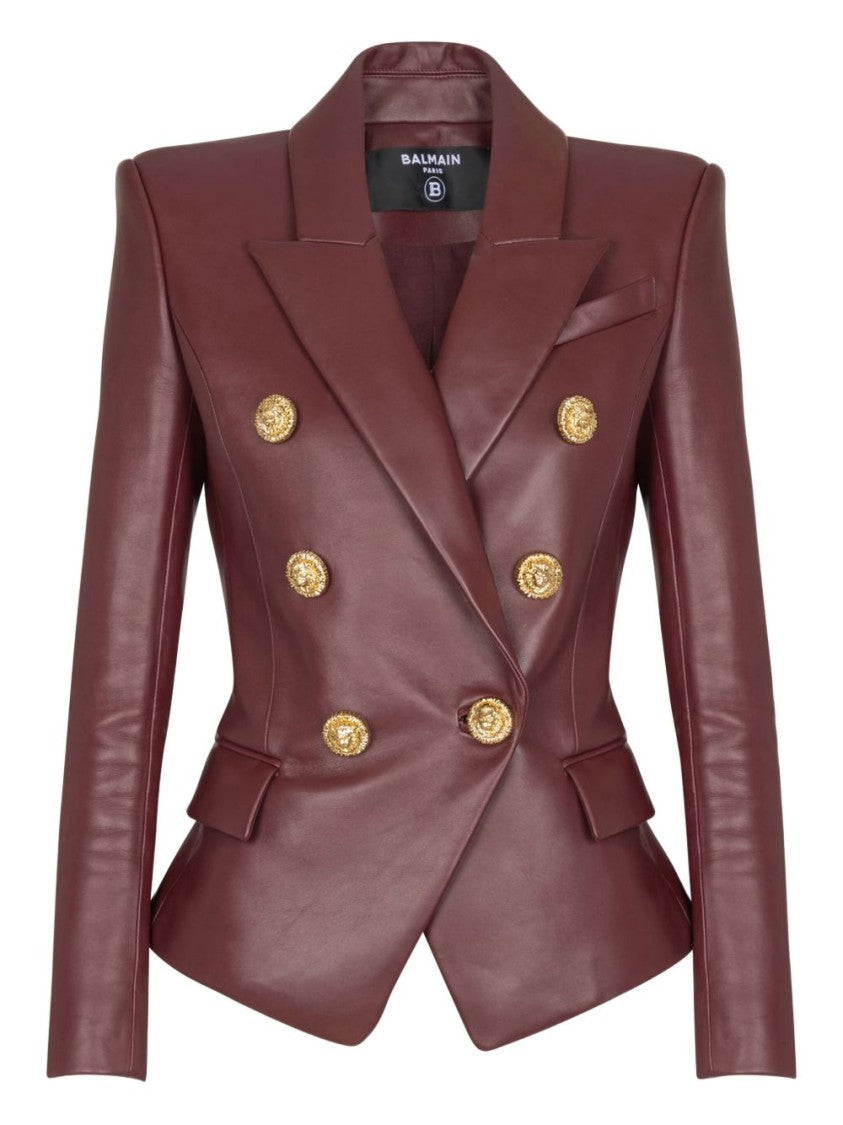 Balmain Dark Red Lambskin Leather Tailored Blazer