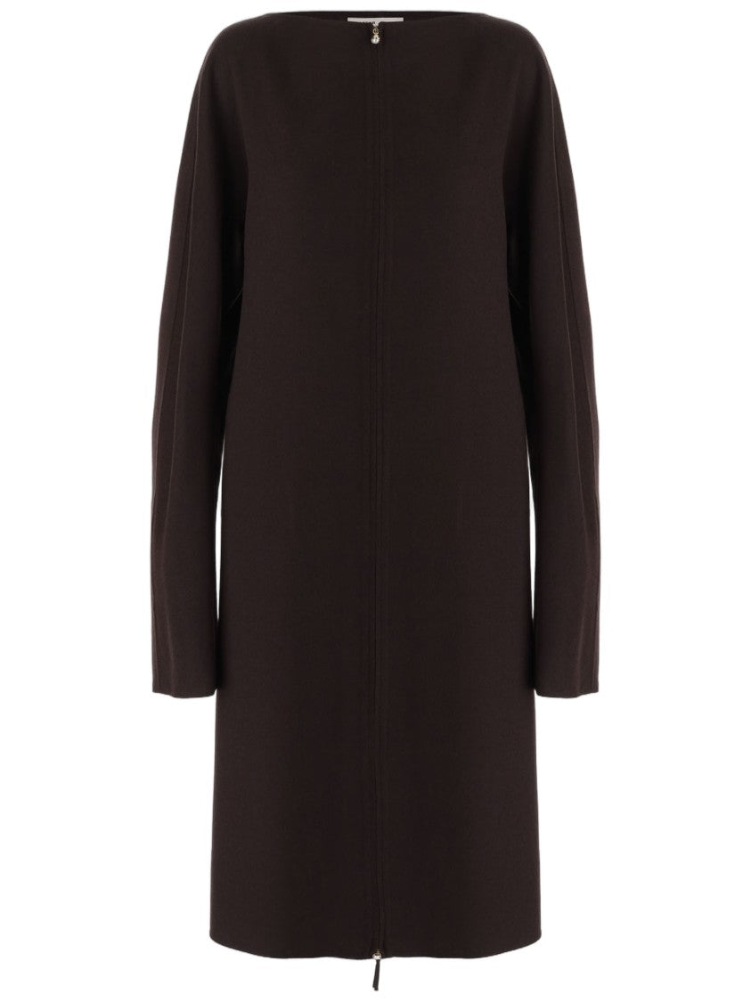 Carven Dark Brown Round Neck Front Zipper Wool Day Dress