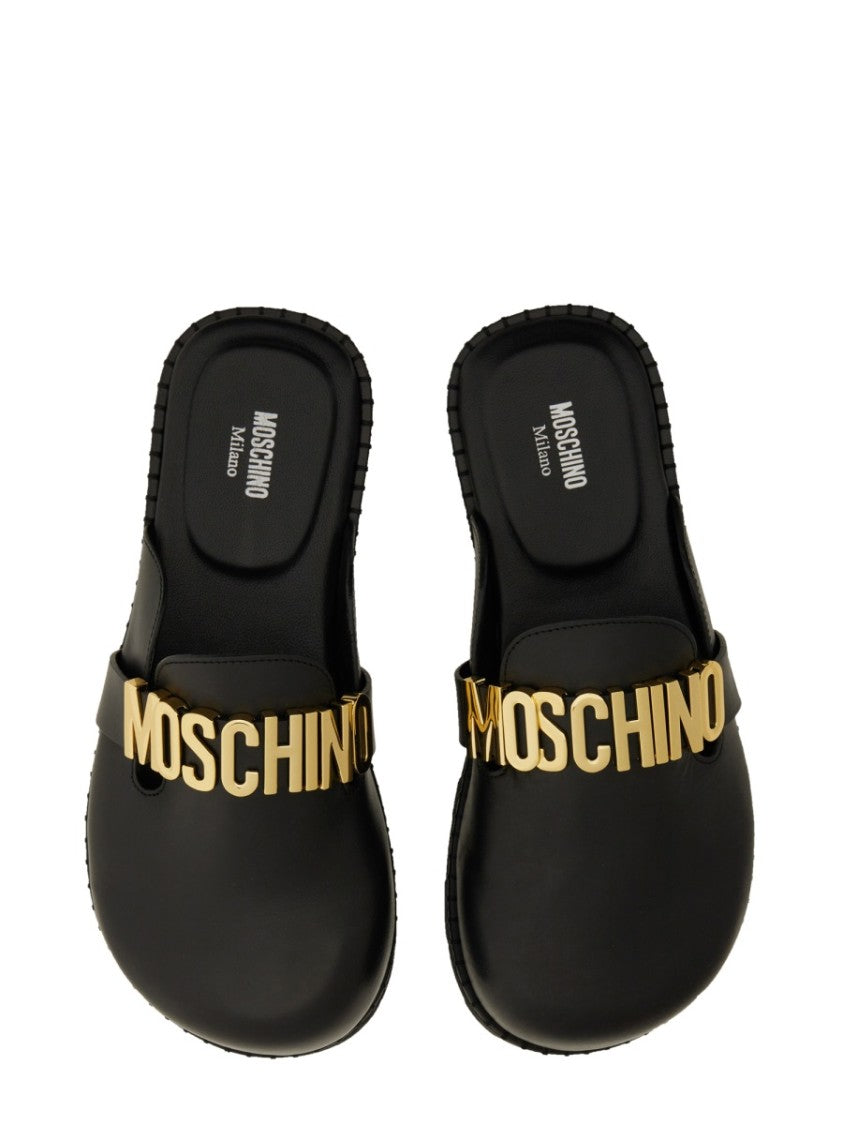Moschino Black Leather Sandal With Logo Detail
