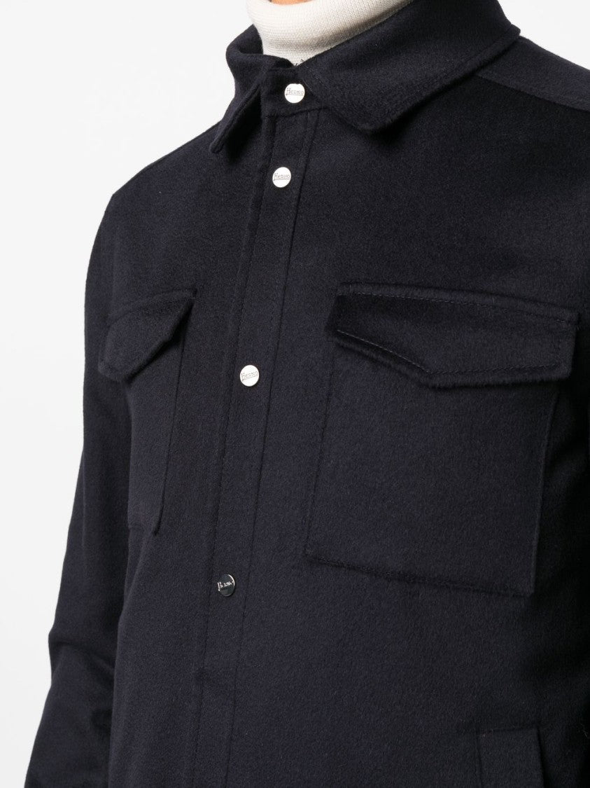 Herno Navy Brushed Wool And Cashmere Shirt Jacket
