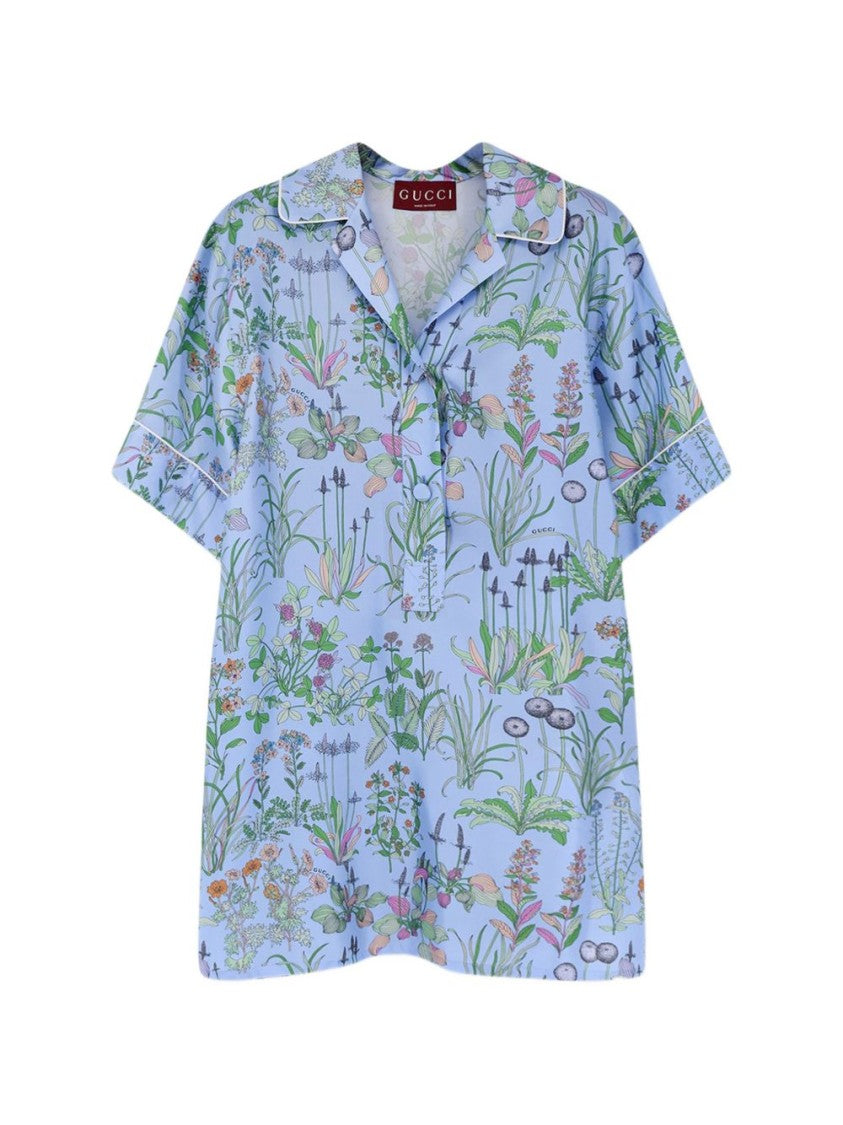 Gucci Light Blue Floral Print Silk Twill Shirt