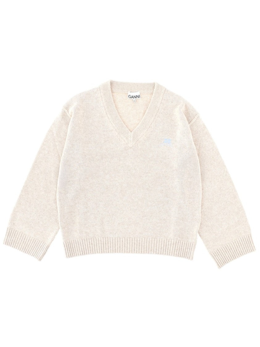 Ganni Textured Knit V-Neck Logo Sweater