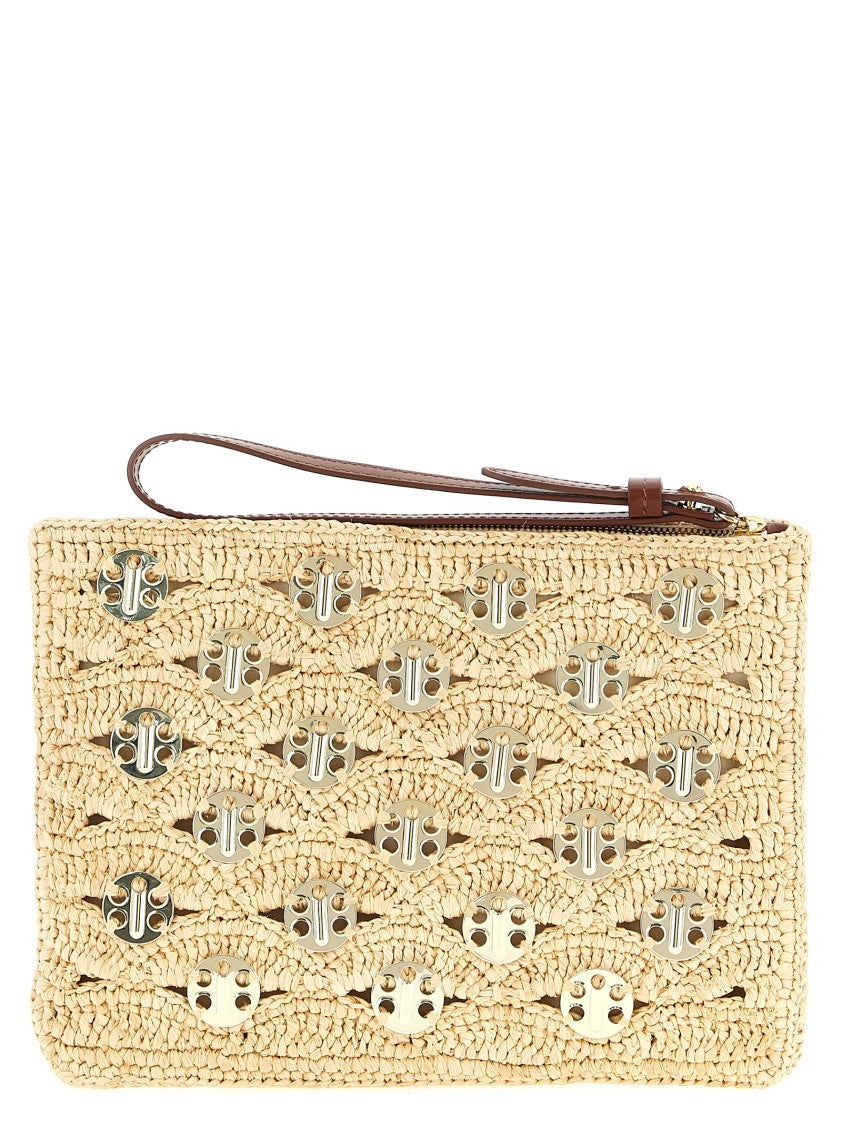 Paco Rabanne Rectangular Raffia Pouch With Adjustable Leather Handle