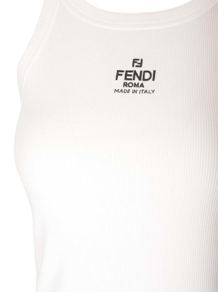Fendi White Fitted Sleeveless Ribbed Logo Top