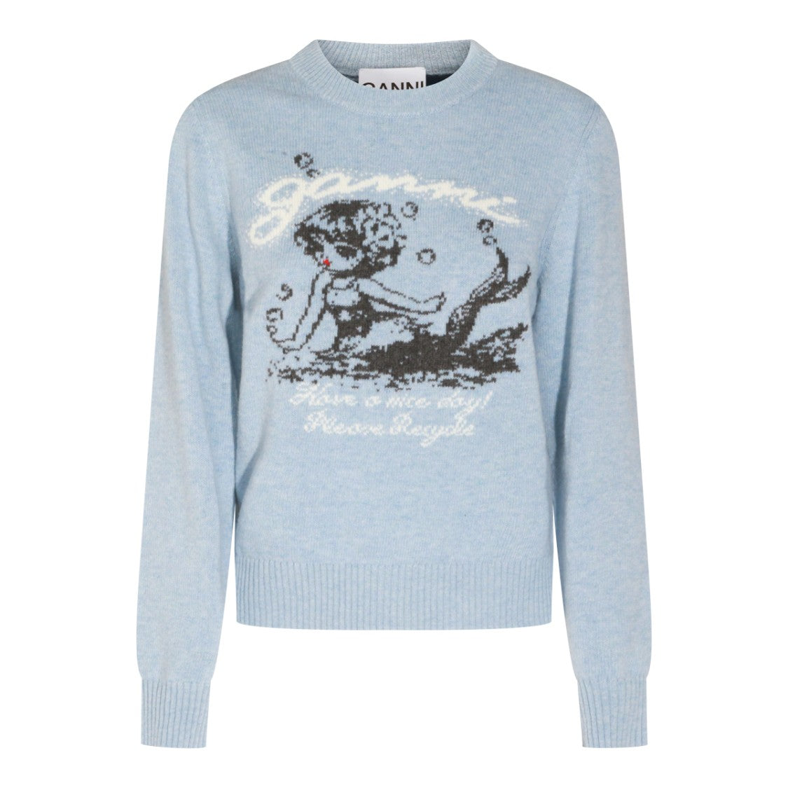 Ganni Light Blue Wool Knitwear With Playful Mermaid Print