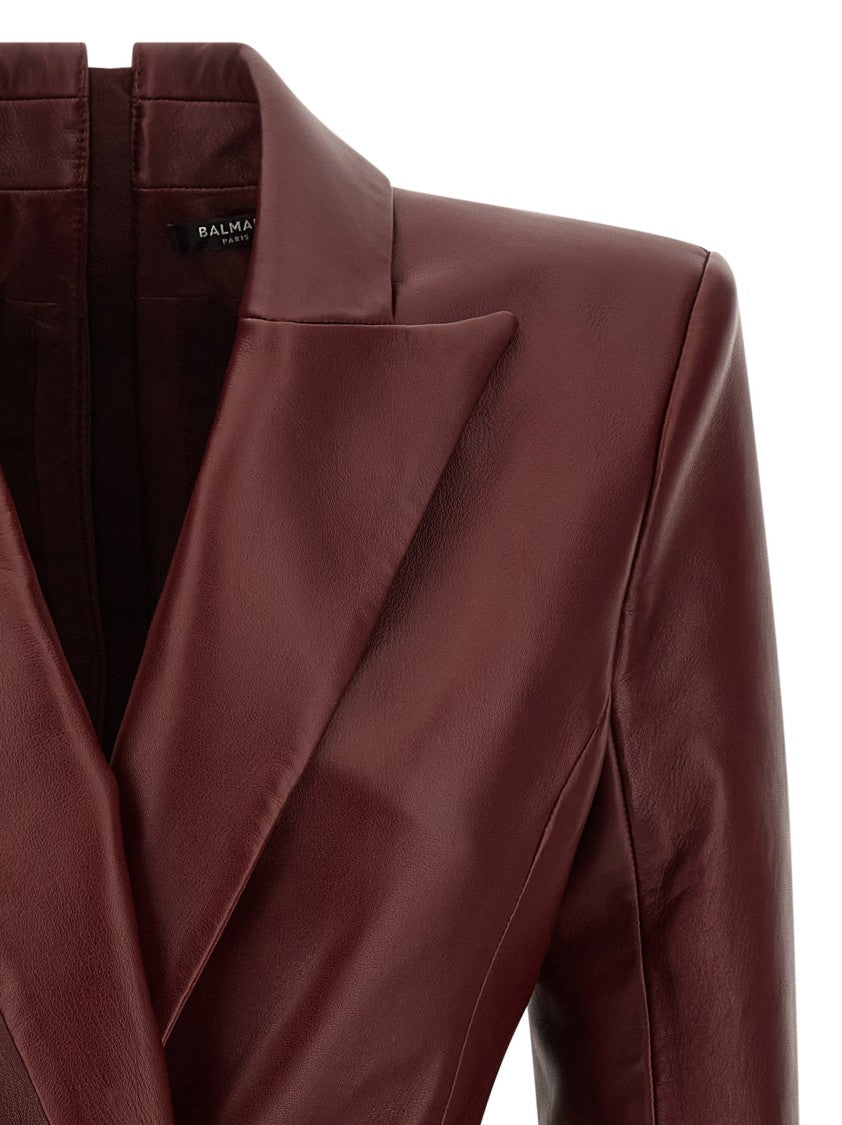 Balmain Burgundy Leather Mini Blazer Dress With Tailored Silhouette