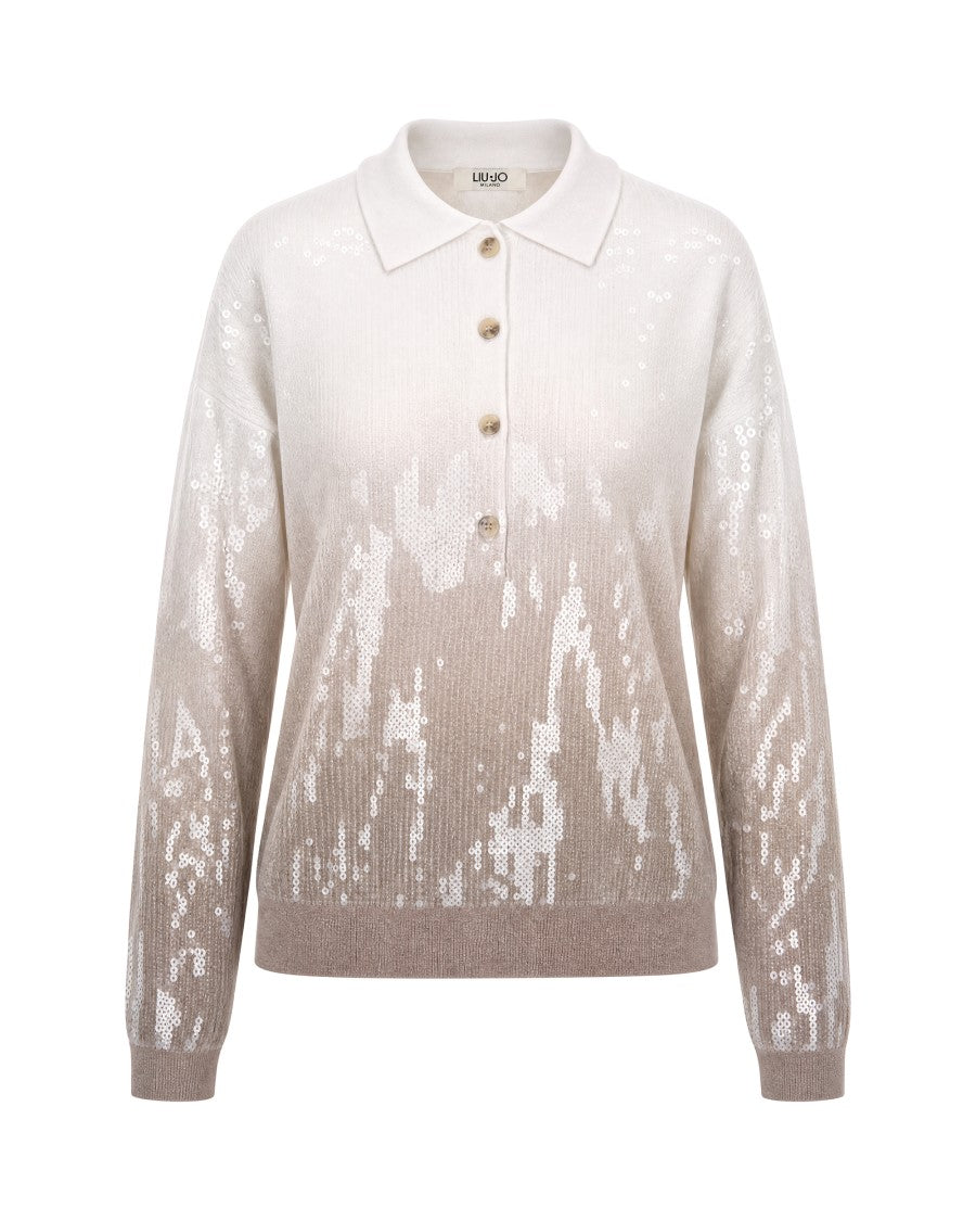 Liu Jo Gradient Sequin Knit Sweater With Polo Collar And Ribbed Finish