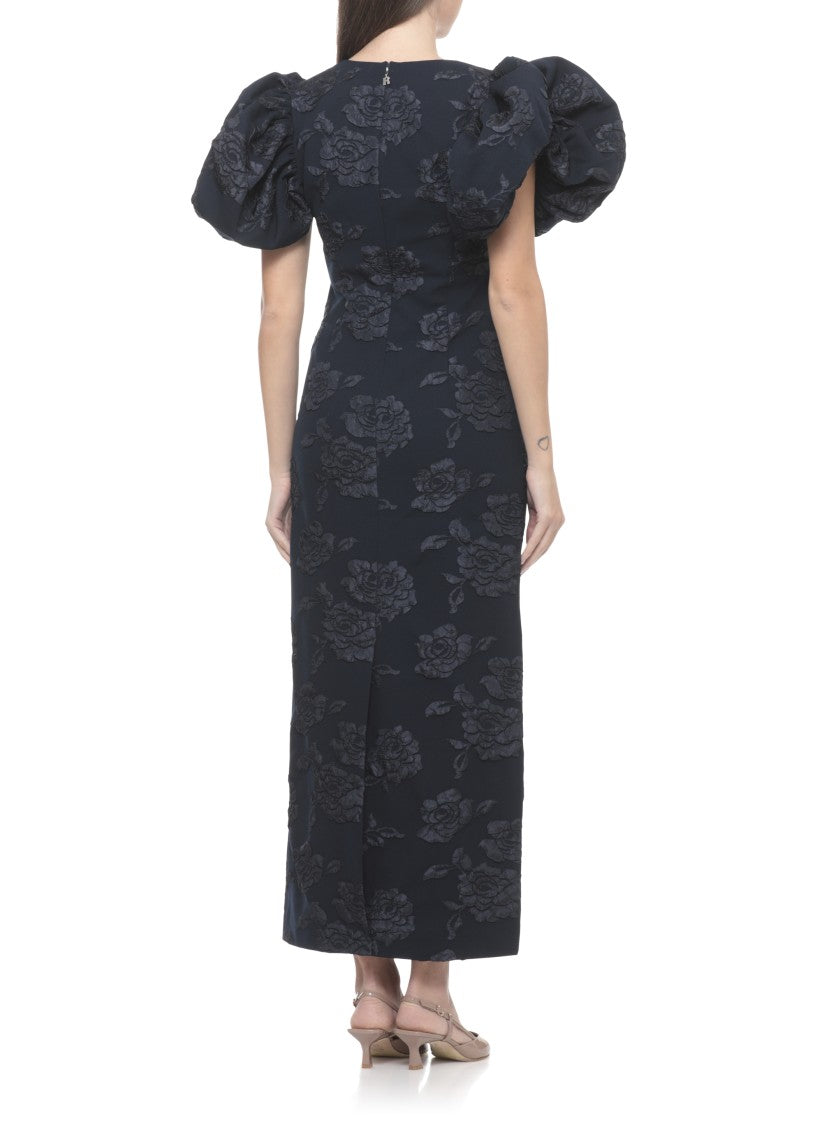 Rotate Jacquard Floral Midi Dress With Balloon Sleeves