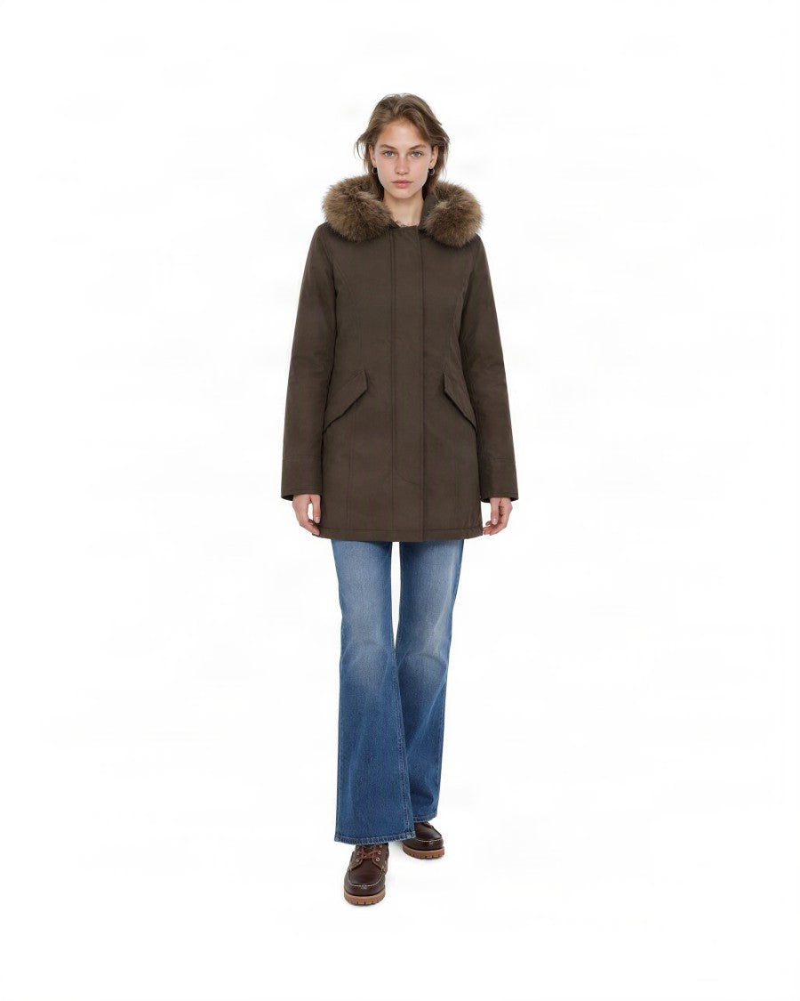 Woolrich Brown Parka With Plush Fur-Trimmed Hood And Zip Closure