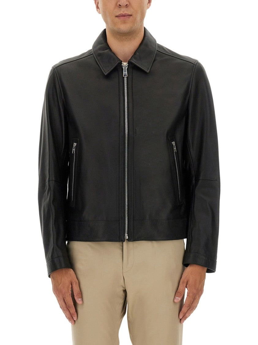 Boss Tailored Black Leather Jacket With Classic Collar And Zip Closure