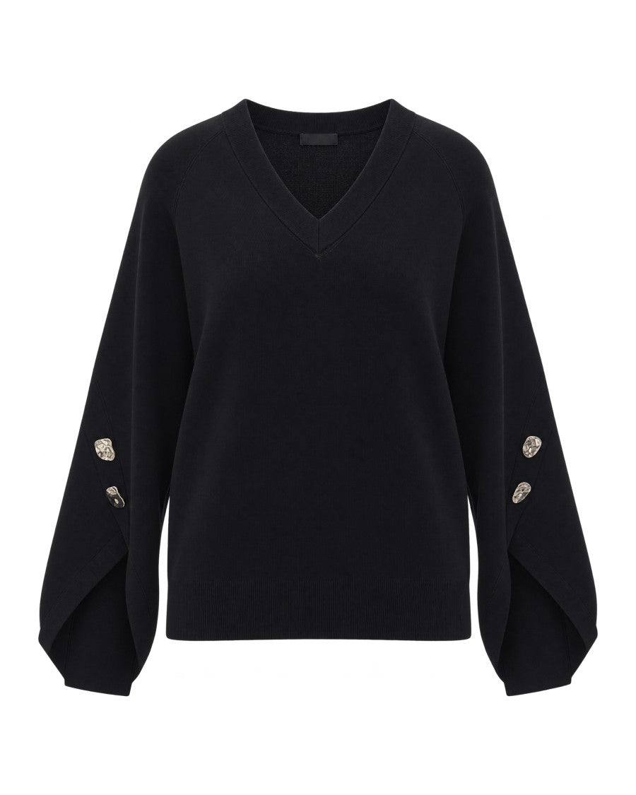 Liu Jo Black Soft V-Neck Hammered Button Top