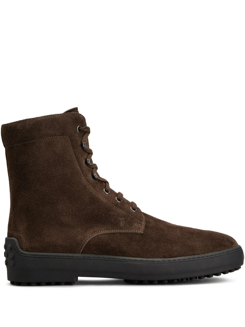 Tod's Ankle-High Brown Suede Lace-Up Boots With Rubber Sole