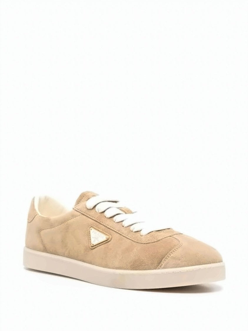 Prada Beige Suede Low-Top Sneakers With Iconic Triangular Logo