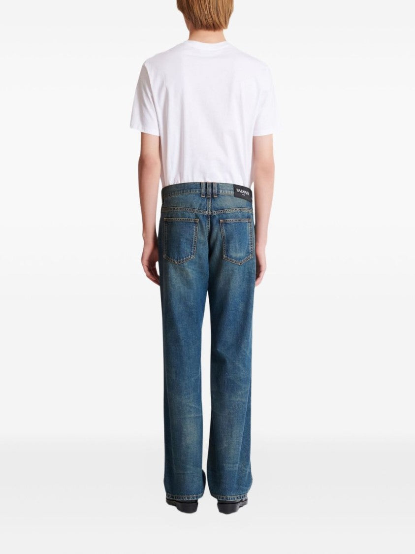 Balmain Washed Dark Blue Gold-Hardware Straight-Leg Jeans