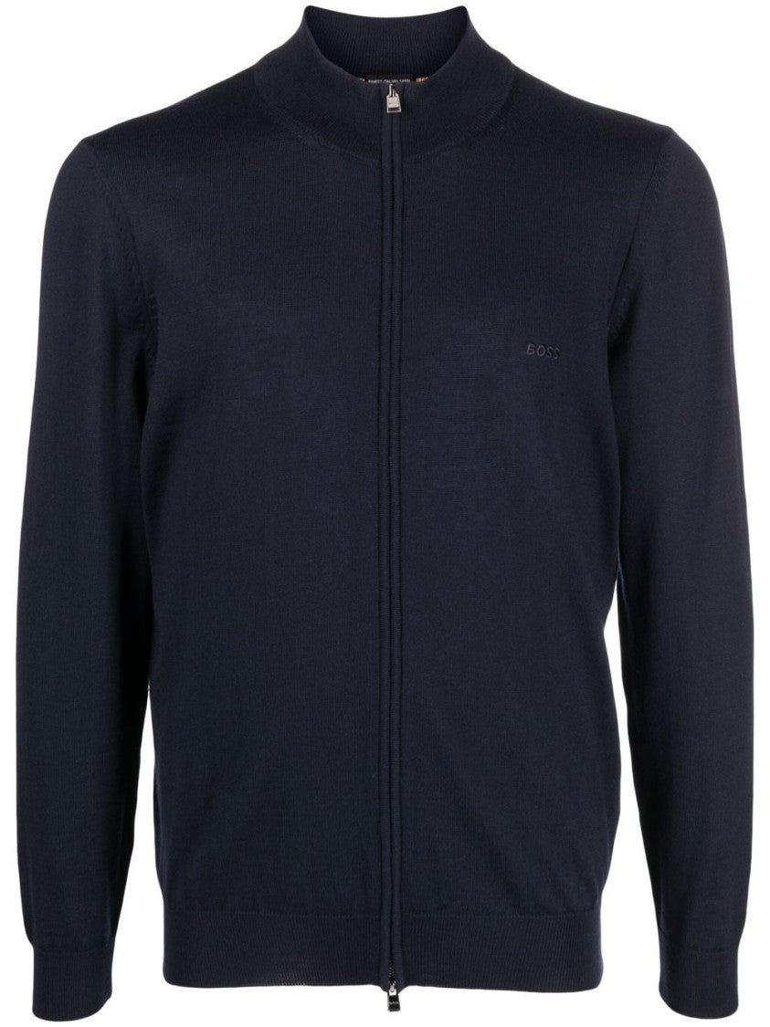 Boss Full-Zip Blue Virgin Wool Sweater With High Collar