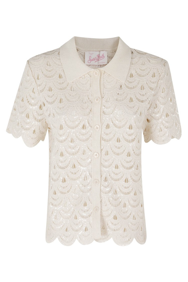 Mc2 Saint Barth Ivory Monet Crochet Striped Cotton Polo Shirt