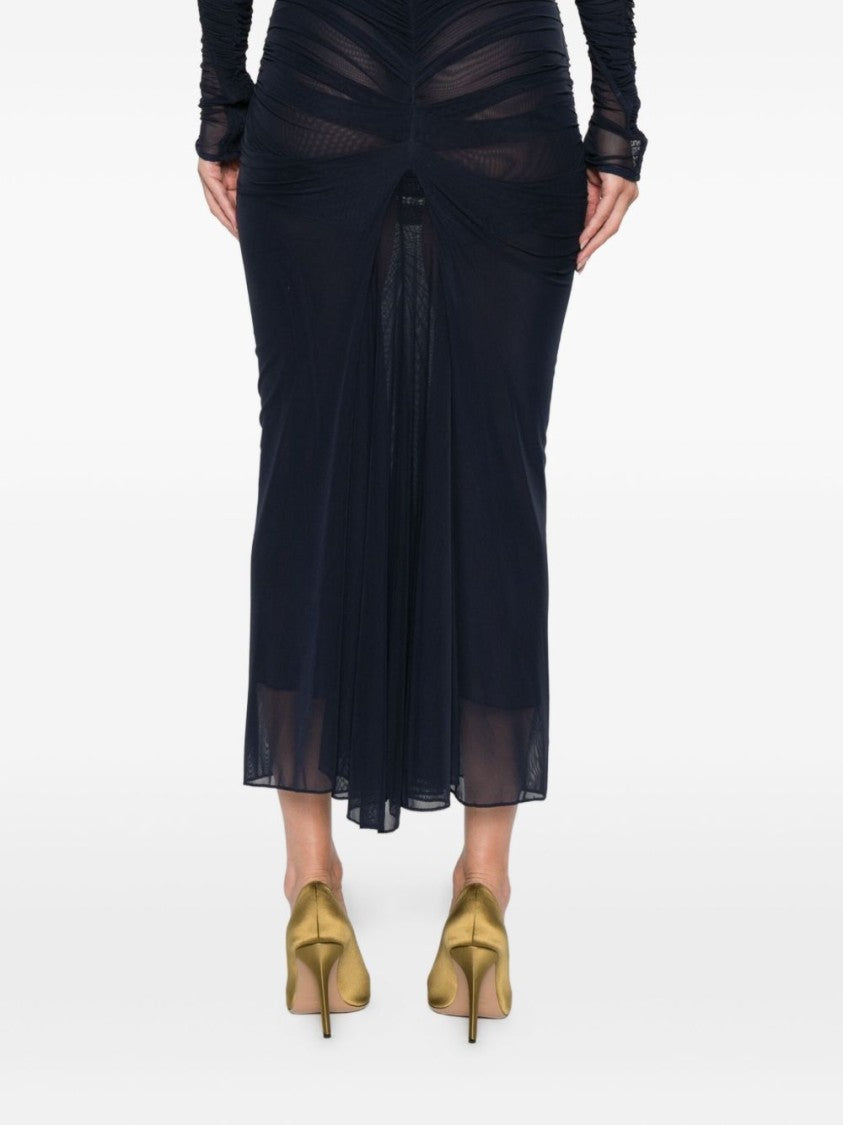 Mugler Ink Blue Ruched Mesh Midi Skirt