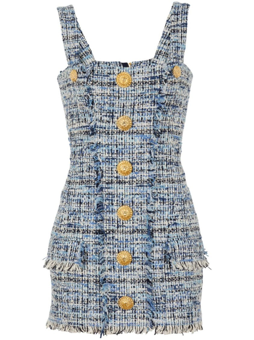 Balmain Blue Grey Tweed Button Detail Dress
