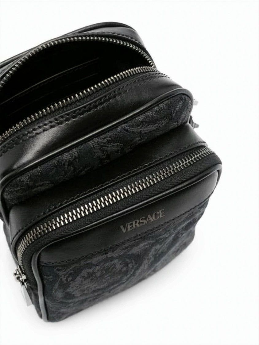 Versace Compact Floral Jacquard Crossbody Bag With Leather Trim