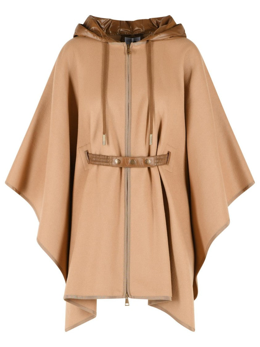Moncler Beige Virgin Wool Blend Cape With Removable Hood And Iconic Logo