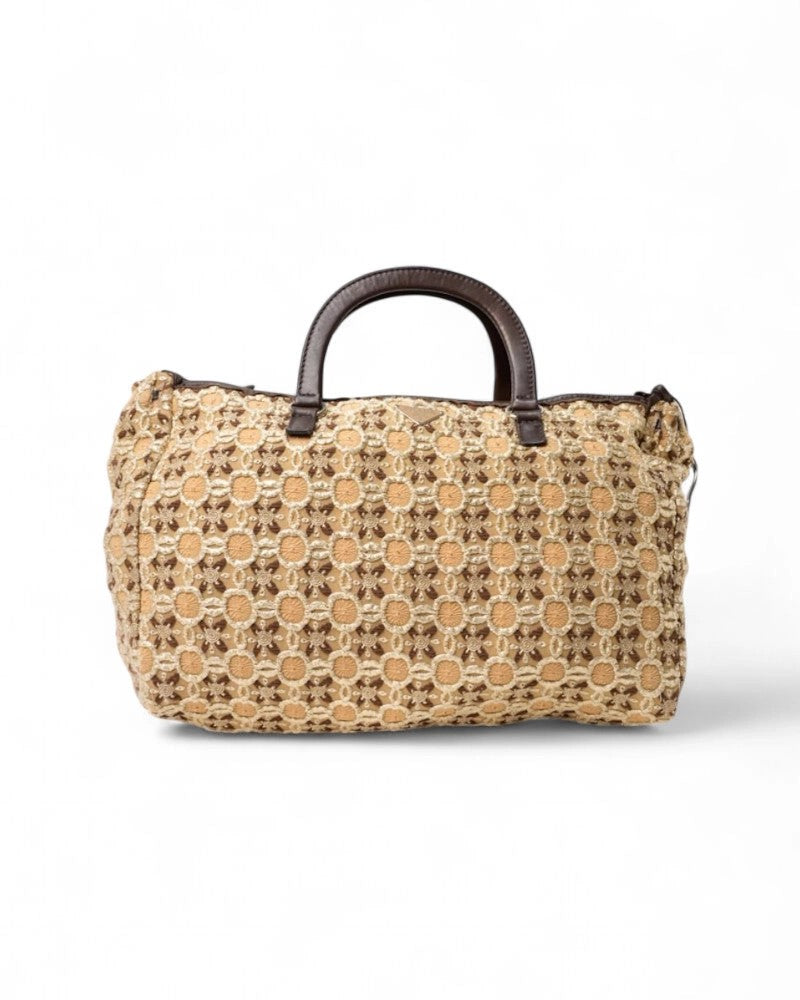 Prada Medium Embroidered Fabric Shopper With Leather Accents And Silver Hardware