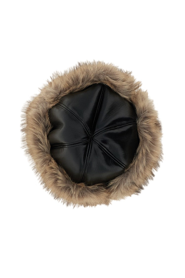Stand Studio Paneled Rounded Crown Faux Leather Hat With Contrasting Fur Trim