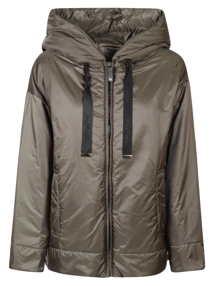 Max Mara Relaxed-Fit Green Coat With Hood And Zipper Closure