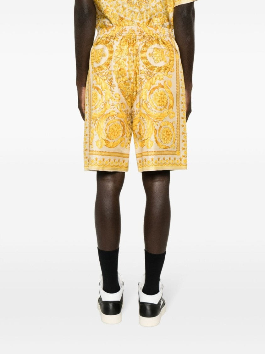 Versace Beige And Yellow Silk Barocco Print Shorts