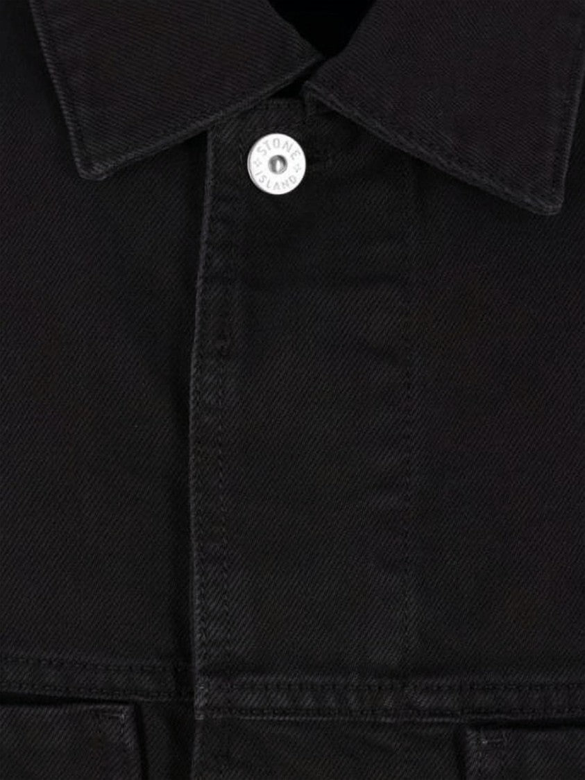 Stone Island Black Denim Coach Jacket With Classic Collar And Boxy Silhouette