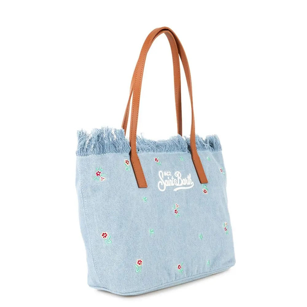 Mc2 Saint Barth Light Blue Denim Tote Bag With Floral Embroidery