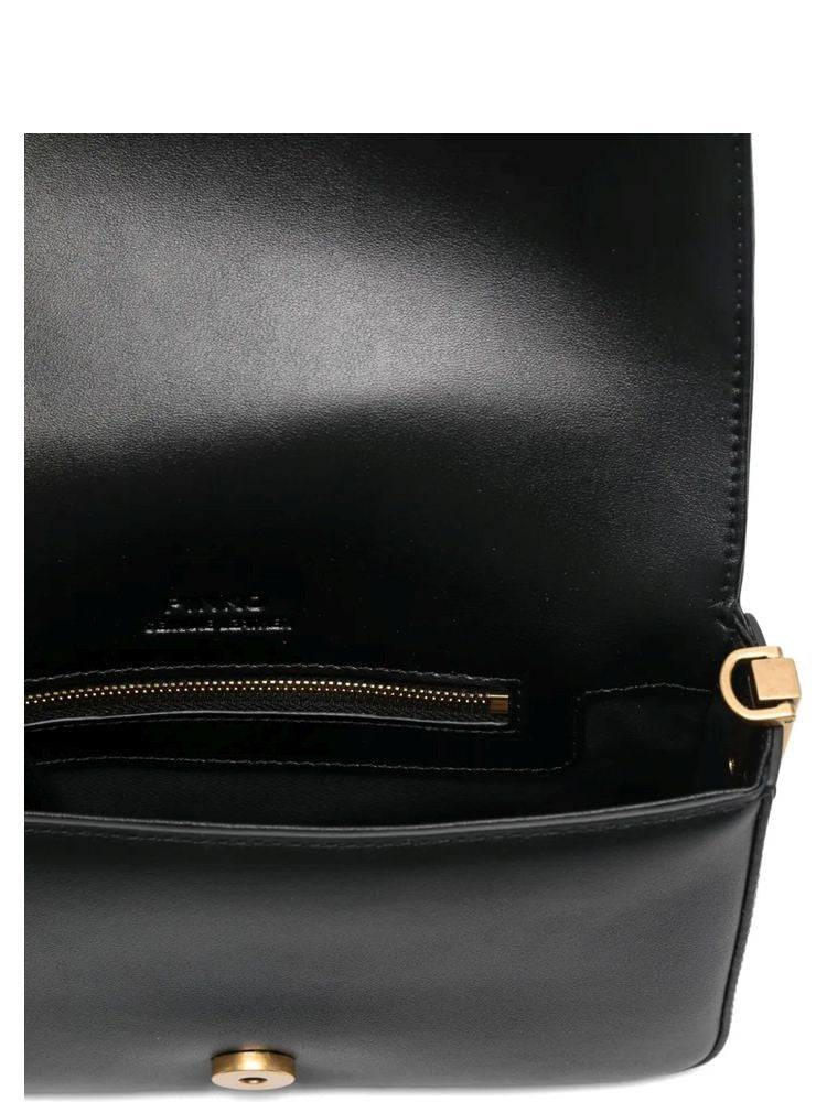 Pinko Structured Black Cow Leather Shoulder Bag With Gold Accents